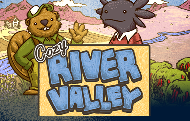 Logo for Cozy river Valley and illustration of the two main characters with river and a farm in the background